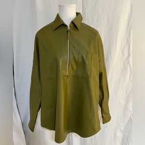 French Connection elegant avocado green leather zip up long sleeves top